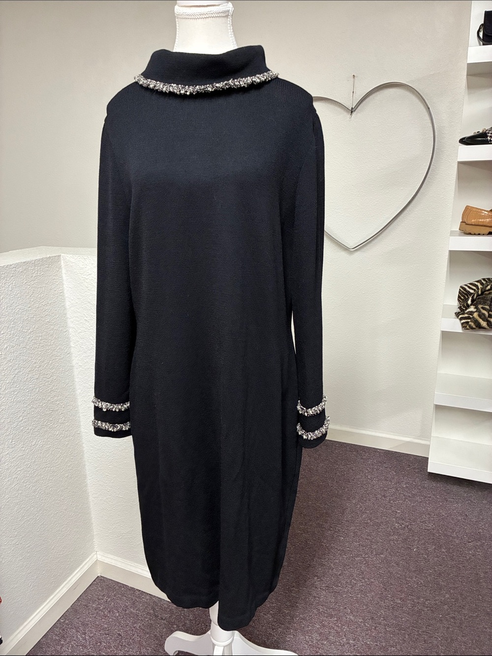 St. John Black Long-Sleeve Sweater Dress Gray Knit Trim Size 14